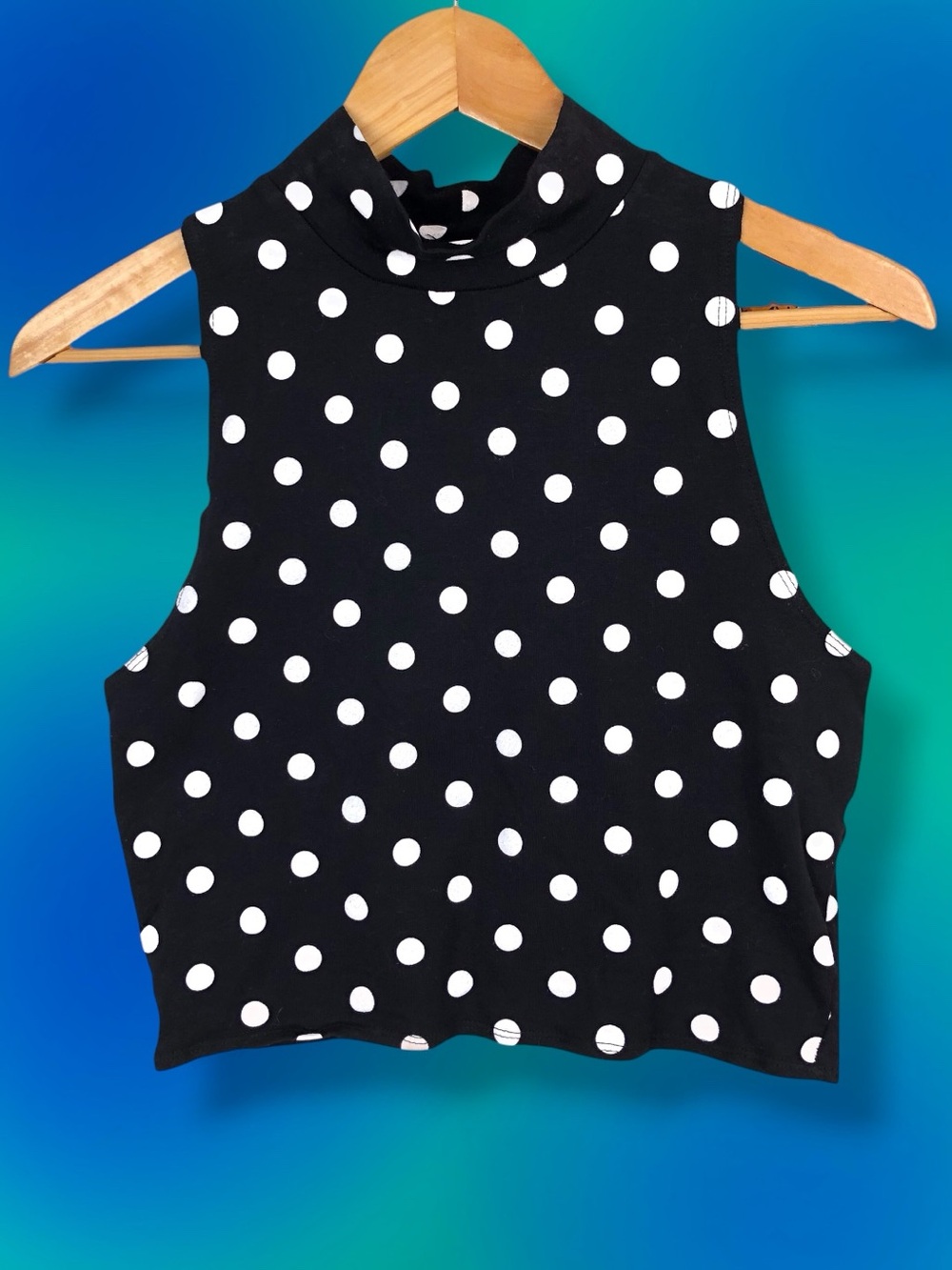 Map To Mars Polka Dot Black White Mock Neck Retro Rockabilly Sleeveless Crop Top